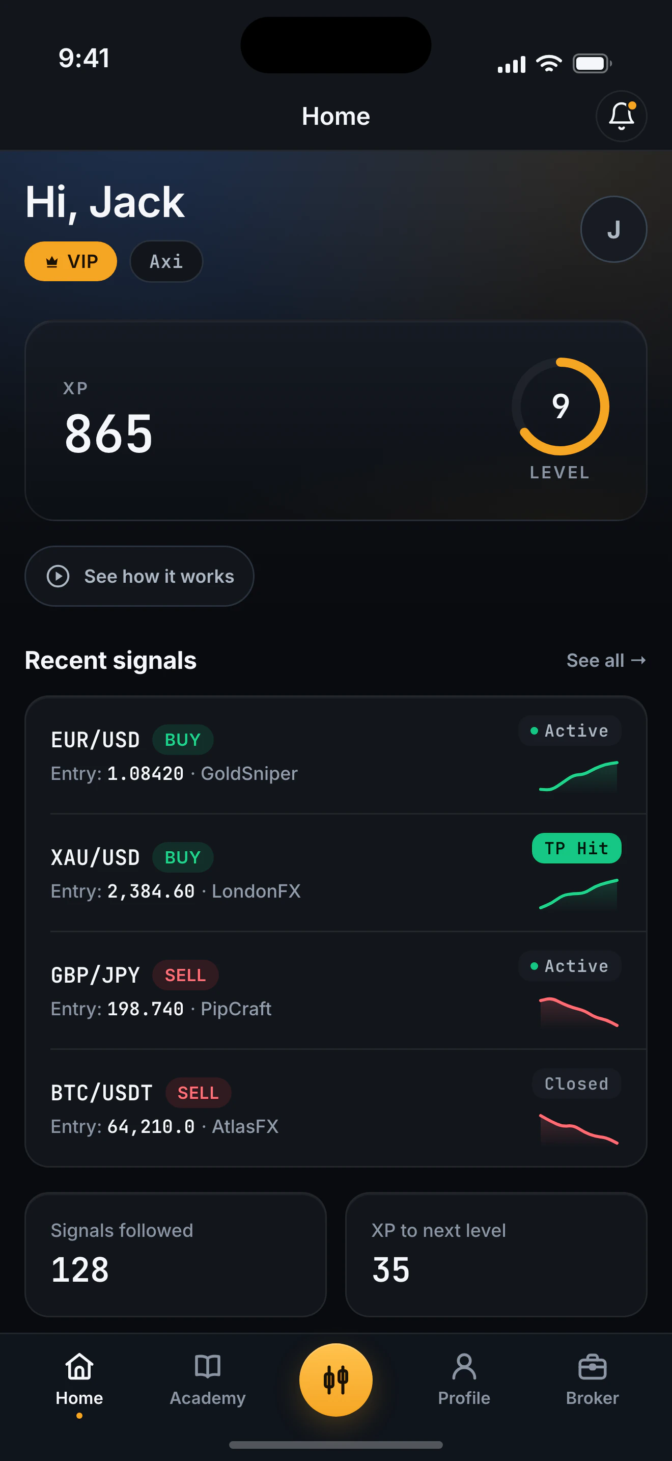 Tradvex home — VIP member, XP and recent signals